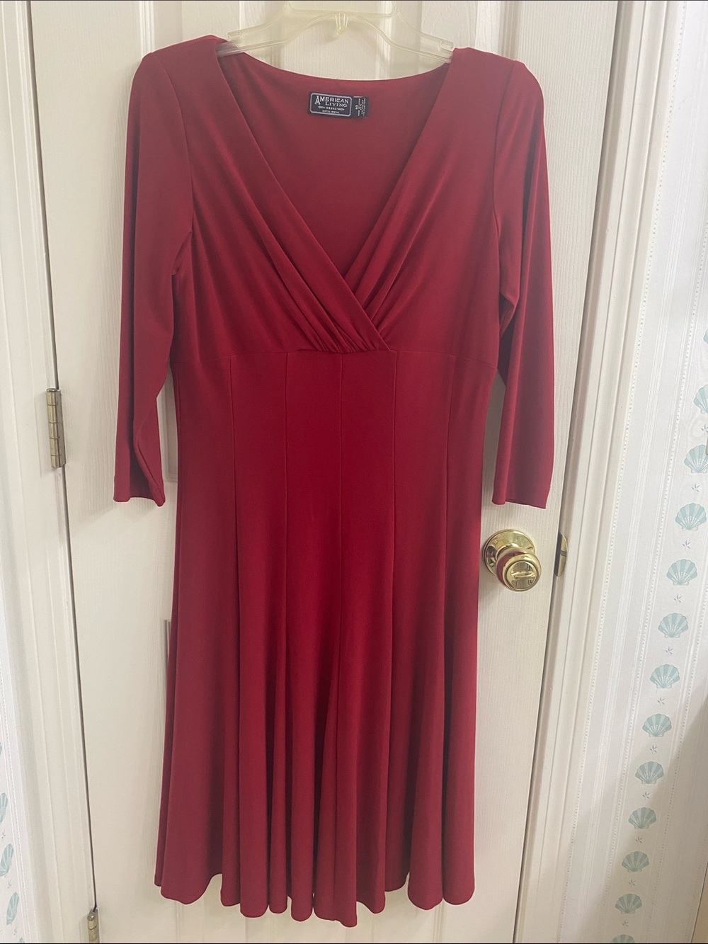 American Living Deep Red V-Neck Long Sleeve Fit & Flare Dress